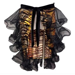 YILINFEIER Tiger Print Bustle Wrap Skirt with Black Tiered Flounces Ruffles NWT